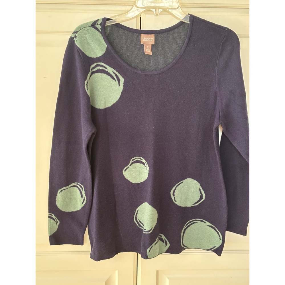 Chico's Navy Blue Sage Green Abstract Polka Dot Knit Top Sweater Size L